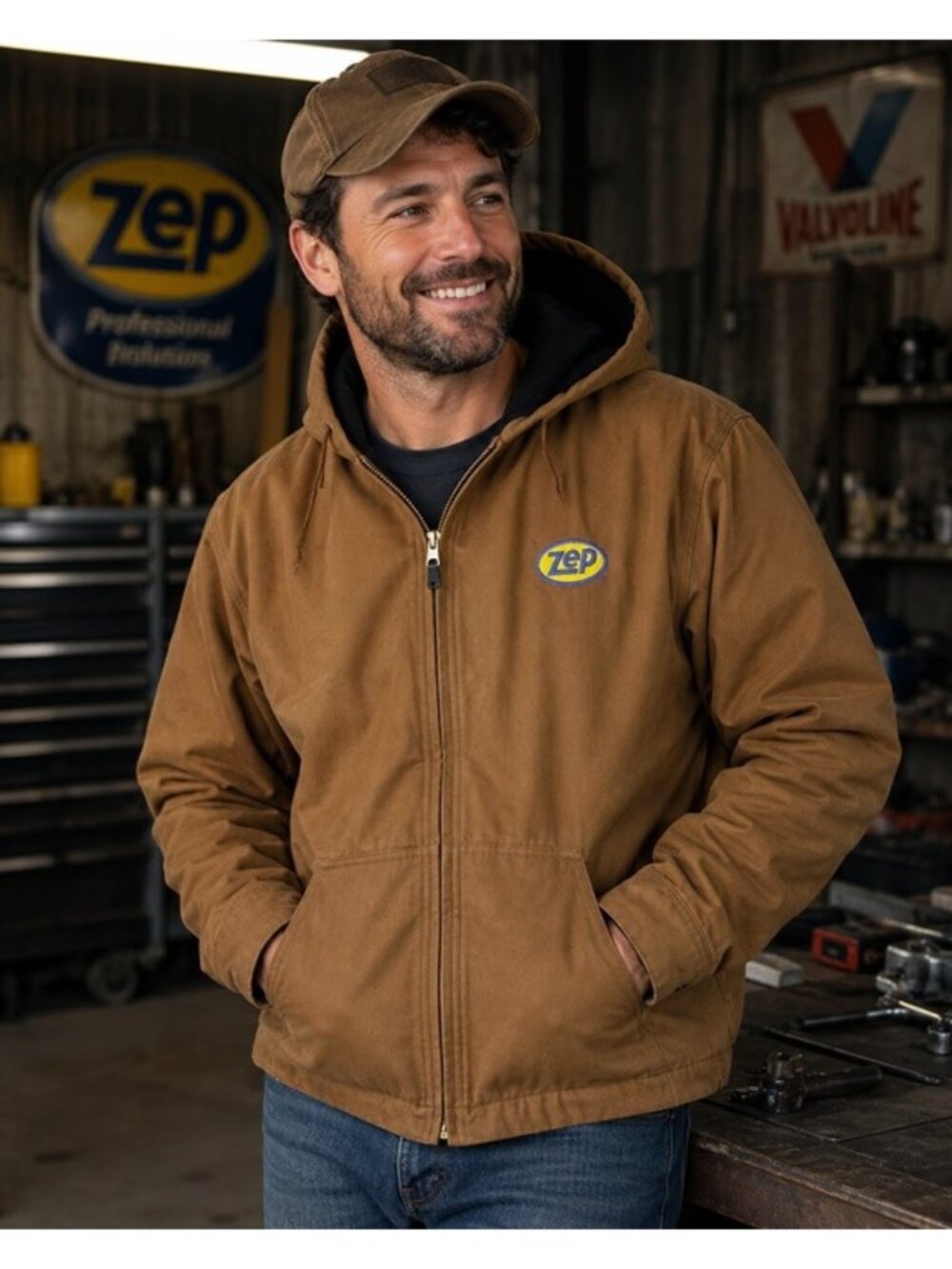 SteelGuard Zep Hooded Work Jacket Brown Canvas Zip Up Size Small
